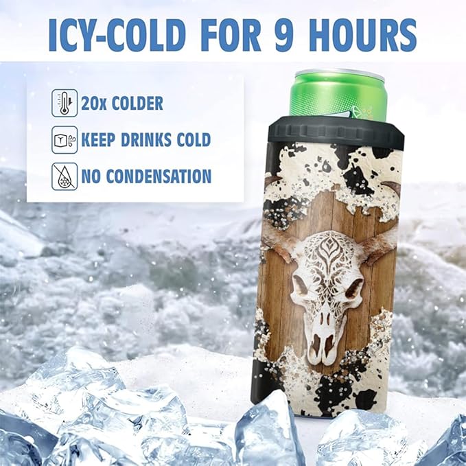SANDJEST Cow Tumbler Cowgirl 4 in 1 12oz Tumbler Can Cooler Coozie Skinny Stainless Steel Tumbler Gift for Women Girl Daughter Sister Animal Lovers Christmas Birthday