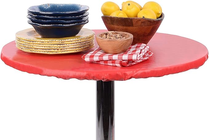 Yourtablecloth Heavy Duty Vinyl Round Fitted Tablecloth (Table Cover) with Flannel Backing Vibrant Colors Elasticized Tablecloth Great for Indoor and Outdoor Dining and Playing Cards 54” Ruby Red