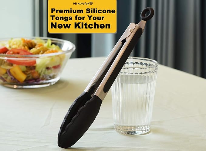 9-Inch Serving Tongs Silicone Tongs, Set of 3 (Black White Gray)