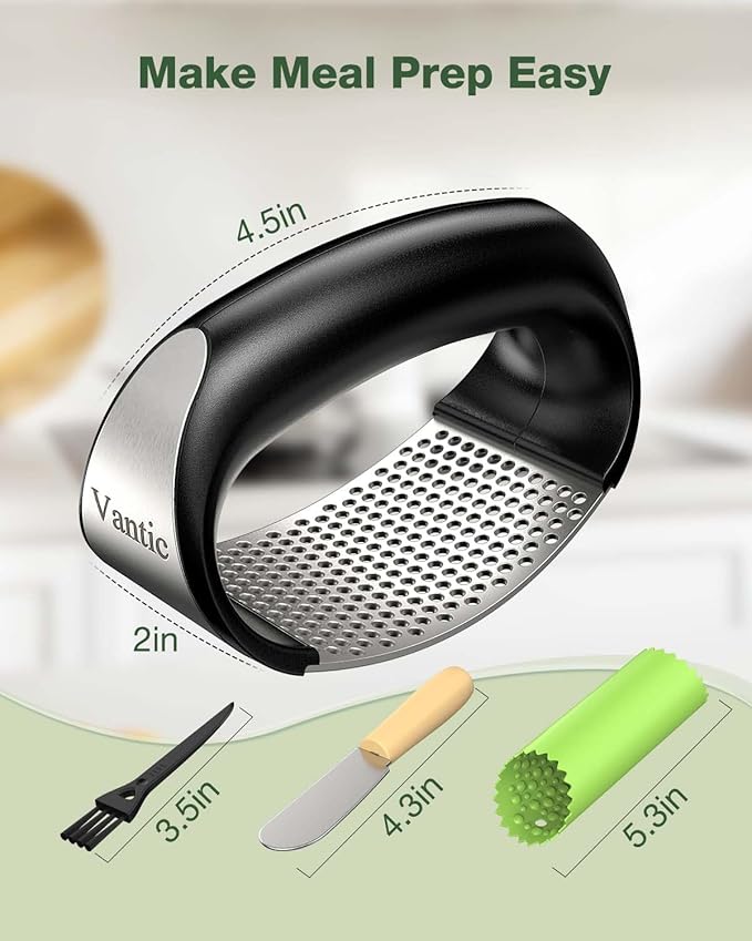 Vantic Garlic Press Rocker - Stainless Steel Garlic Crusher, Mincer and Chopper with Peeler & Scraper, Easy Kitchen Gadget for Effortless Smashing