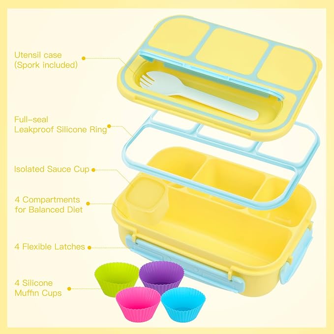 MaMix Bento Lunch Box for Adults/Kids/Students - 1300ML 4-Compartment Container (Yellow)