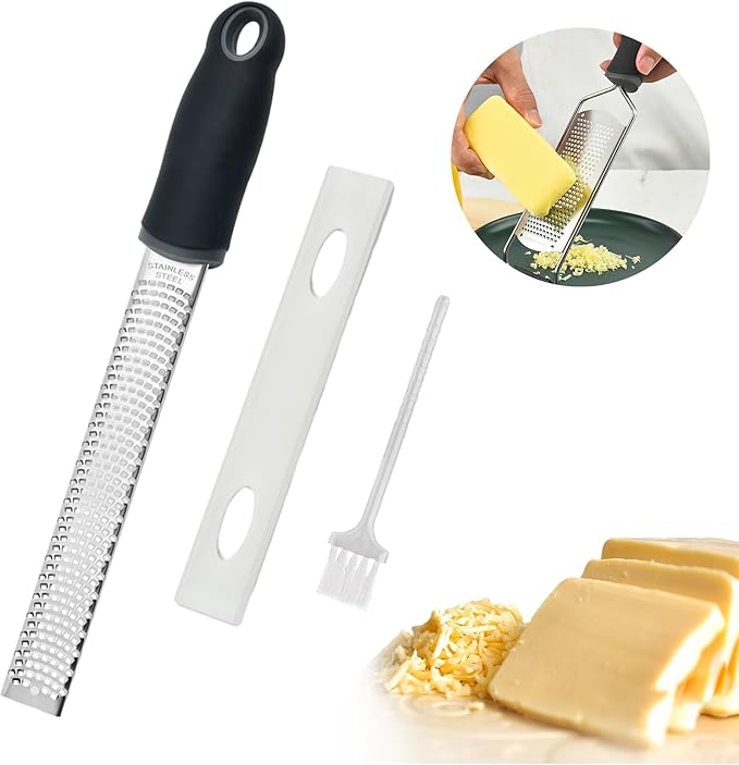 Lemon Zester Grater with Handle, Multi-use Kitchen Tool for Zesting Fruits, Grating Vegetables, Cheese, and Spices, with Protective Cover & Cleaning Brush