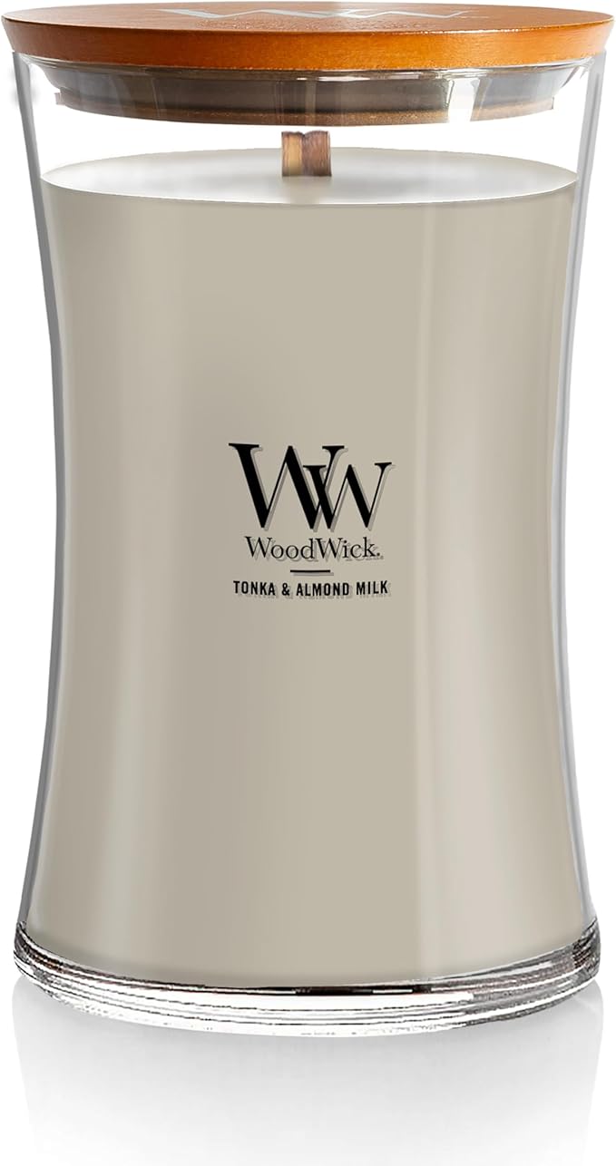 WoodWick Tonka & Almond Milk Gifts for Women and Men, 21.5 oz Large Hourglass Candle with Crackling Wick