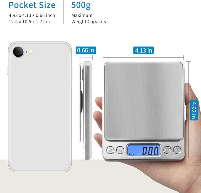 Toprime Digital Gram Scale 500g 0.01g Food Scale High Precision Kitchen Scale Multifunctional Stainless Steel Pocket Scale with Back-Lit LCD Display Tare PCS Features Silver