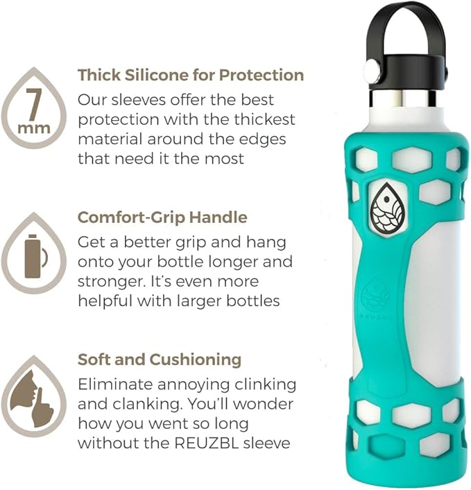 REUZBL Silicone Boot Sleeve Protector with Handle – Compatible with Hydro Flask 40oz, 32oz, 24oz, 21oz – Protective Bottle Bumper for Stainless Steel Water Bottles