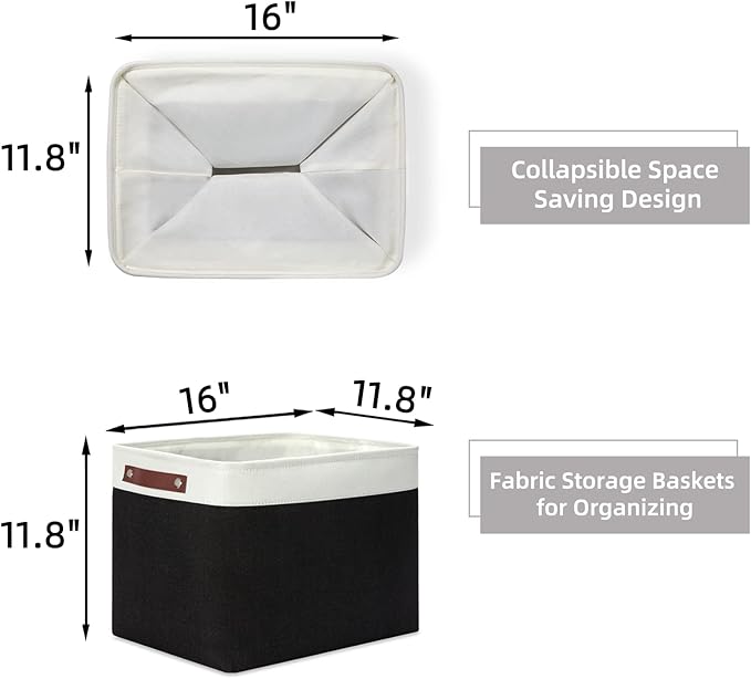 HNZIGE Decorative Organizer Baskets for Shelves 16"×11.8"×11.8" Large Storage Bins with Leather Handles (2 Pack) Foldable Storage Basket for Storage Bedroom, Balcony, Home, Laundry (Black&White)