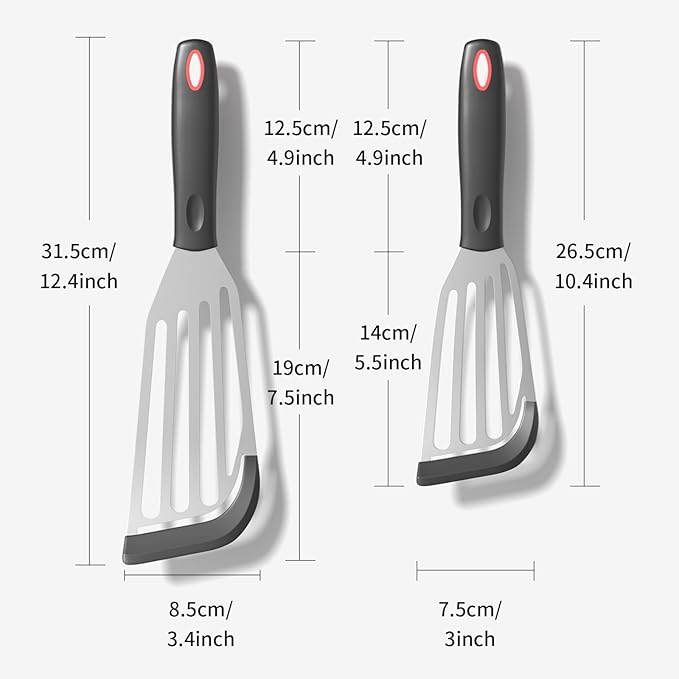 2Pack Silicone Fish Spatulas for Nonstick Cookware,Fish Turner Spatula Stainless Steel with Heat Resistant Silicone Edge,Metal Slotted Spatula for Flipping Fish Egg Patties Fries Pancake Steak (Black)