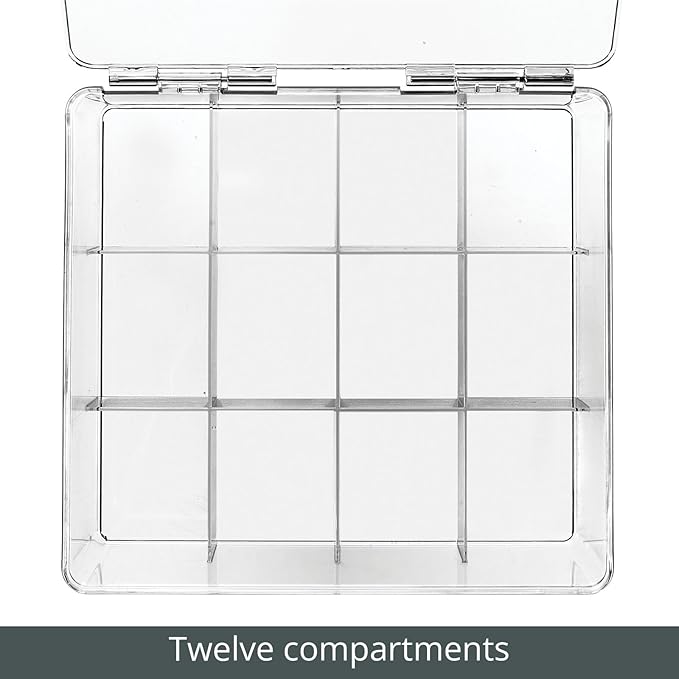 mDesign Plastic Kitchen Organiser — Practical Storage Box with 12 Compartments and Hinged Lid — Pantry Storage Box with Lid for Tea, Coffee, Spices and Other Foodstuffs — Clear