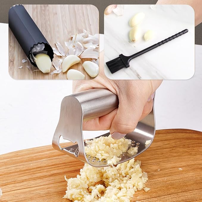 Stainless Steel Garlic Presser, Upgraded Garlic Press Rocker Garlic Mincer Garlic Crusher with Peeler and Cleaning Brush, Garlic Chopper for Smash Garlic Kitchen Gadgets Tools