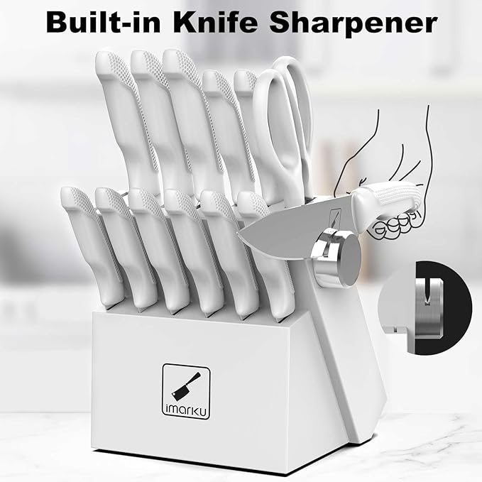 imarku Knives Set for Kitchen, Kitchen Knife Set with Block, Knife Block Set White, Home Essentials, Kitchen Essentials for First Apartment, Anti-slip handle, Dishwasher Safe