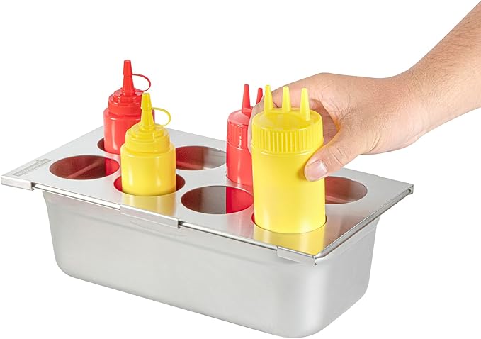 Restaurantware Squeeze Bottle Template Pack of 1 Stainless Steel 8 Hole Holder Top, 2.5" Diameter Fits 1/3 Size Food Pans, Dishwasher Friendly Integrated Lip Design Holder Top for Condiment Bottles