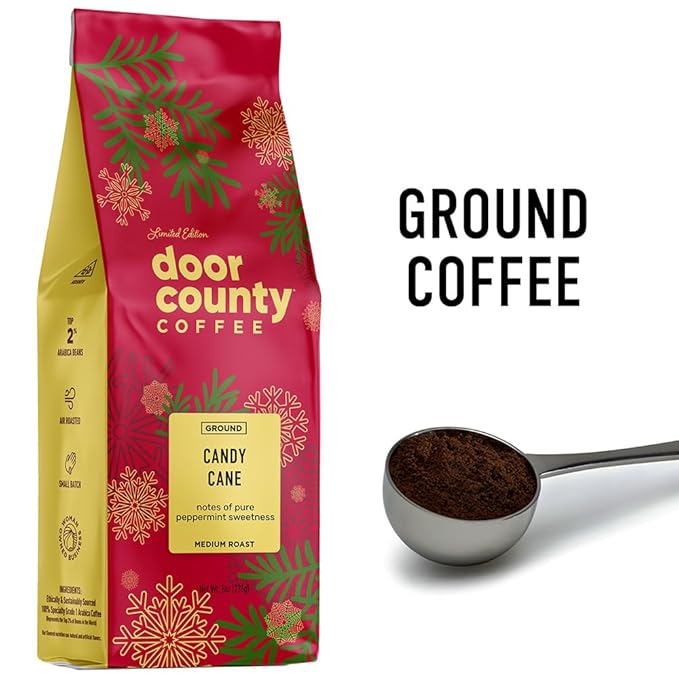 Door County Coffee Candy Cane Flavored Coffee Ground - 8oz Bag - Holiday Seasonal - Medium Roast - 100% Specialty Arabica - Peppermint Flavor