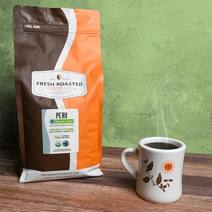 Fresh Roasted Coffee, Organic Peru Water-Processed Half-Caf | Mold & Myco 3rd Party Tested, USDA Organic, Kosher | Med Roast 5 lb (80 oz) Whole Bean