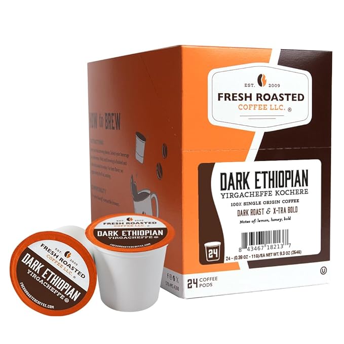 Fresh Roasted Coffee, Dark Ethiopian Yirgacheffe Kochere, Dark Roast, 24 Pods for K Cup Brewers