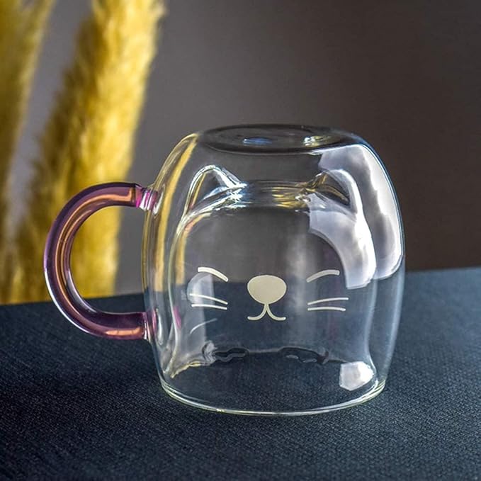 Purple Cat Mug Cute Mugs Glass Double Wall Insulated Glass Espresso Cup, Kawaii Cup, Coffee Cup, Tea Cup, Milk Cup, Best gift for Office and Personal Birthday Christmas (Purple Cat)