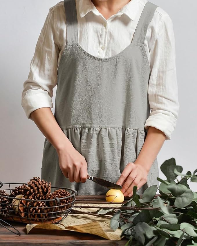 Uaussi Cotton Linen Apron Cross Back Work Apron for Women with Pockets Pinafore Dress X Cross Halter Apron for Chef Gardening
