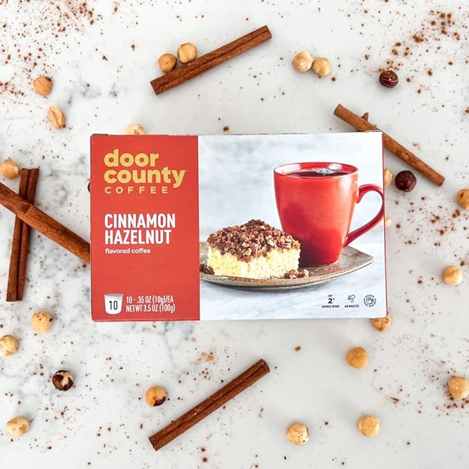 Door County Coffee Cinnamon Hazelnut Flavored Ground - 30 Count Single Serve Cups - Medium Roast - 100% Specialty Arabica - Flavored Gourmet - Cinnamon Hazelnut