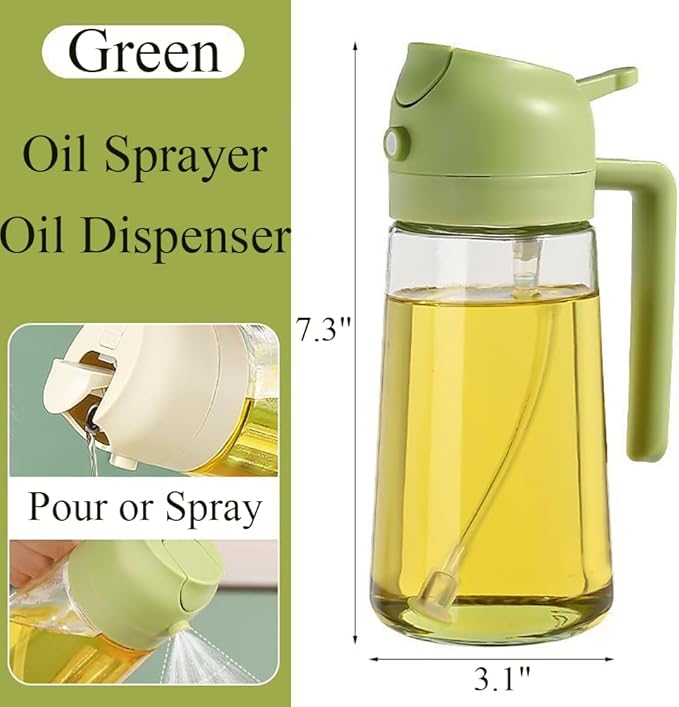 Olive Oil Sprayer Mister for Cooking,Olive Oil Dispenser Bottle 2 IN 1,17oz Oil Mister Spray Bottle,Premium Glass Oil Spritzer Bottle for Kitchen Air Fryer,Baking,Salad,Grilling,BBQ (Green 1 Pack)