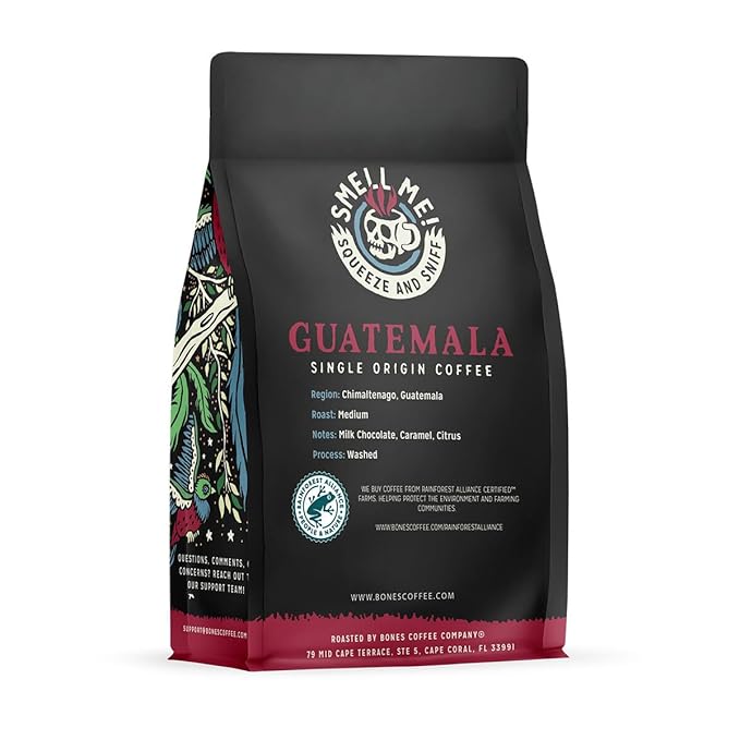 Bones Coffee Company Guatemala Single-Origin, Milk Chocolate, Citrus and Caramel Notes, Whole Coffee Beans, Low Acid Medium Roast Arabica Beans Flavored Coffee, 12 oz Whole Bean