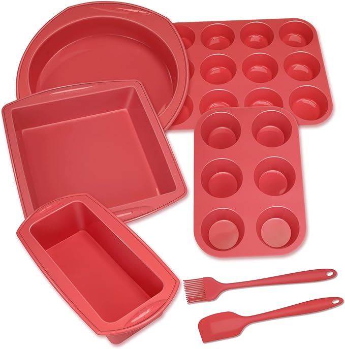 Economical 7in1 Nonstick Silicone Baking Cake Pan Cookie Sheet Molds Tray, Heat Resistant Bakeware Tools for Muffin Loaf Bread Pizza Cupcake