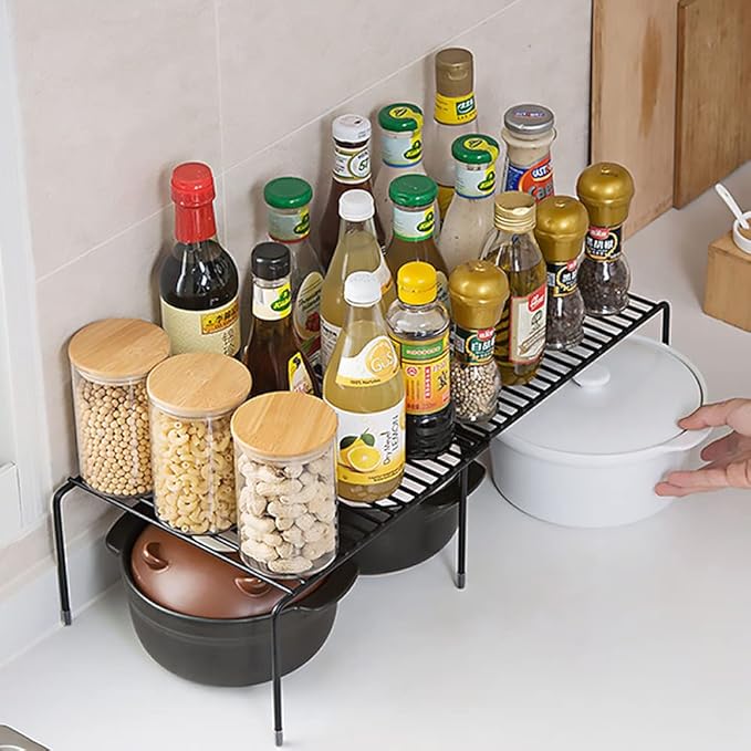Tomorotec Expandable Shelf Organizer for Kitchen Countertop, Metal Cabinet Pantry Shelf, Spice Rack Organizer, Space Saving Non Slip Rustproof, Black
