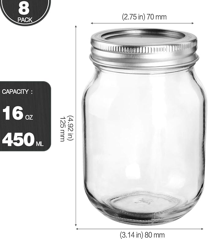 KAMOTA Mason Jars 16 OZ With Regular Lids and Bands, Ideal for Meal Prep, Jam, Honey, Wedding Favors, Shower Favors, Baby Foods, DIY Magnetic Spice Jars, 8 PACK, 10 Whiteboard Labels Included