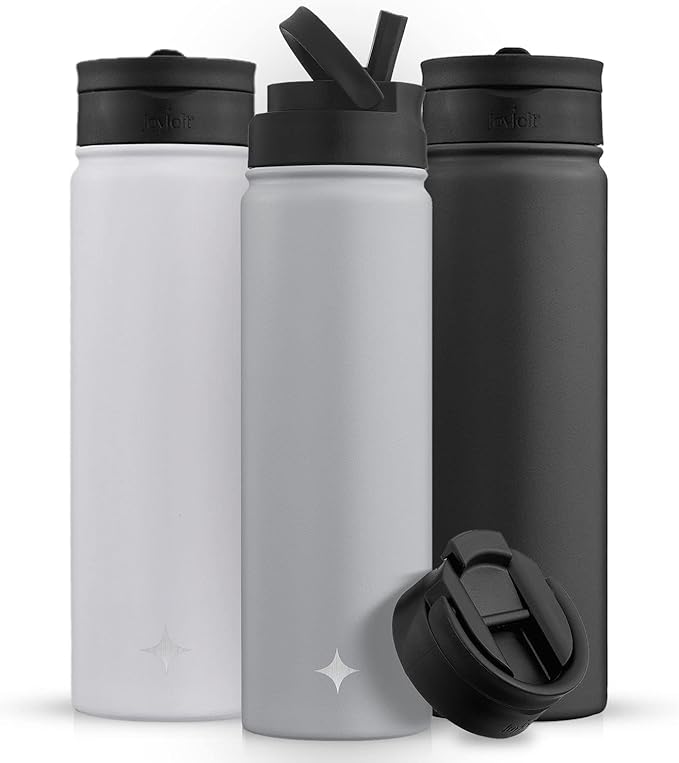 JoyJolt Triple Insulated Water Bottle with Straw Lid AND Flip Lid! 22oz Water Bottle, 12 Hour Hot/Cold Vacuum Insulated Stainless Steel Water Bottle. BPA-Free Leakproof Water Bottles - Thermos Bottle