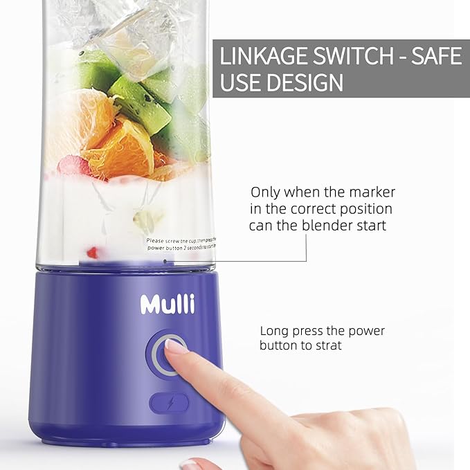‌Mulli Portable Blender 14oz-USB Rechargeable Smoothie Maker with 6 Stainless Steel Blades, Personal Mini Blender for Shakes, Baby Food, Travel, Gym & Kitchen, BPA-Free