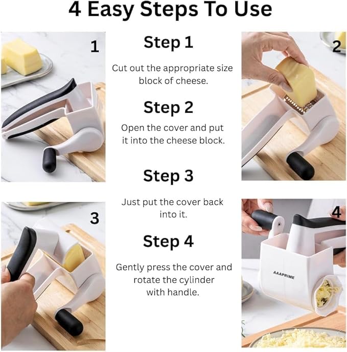 Rotary Cheese Grater with 3 Stainless Steel Drums – Manual Hand Crank Parmesan Grater for Cheese, Nuts, Chocolate & Vegetables – Deluxe Kitchen Tool Set with 3 Peelers and Cleaning Brush