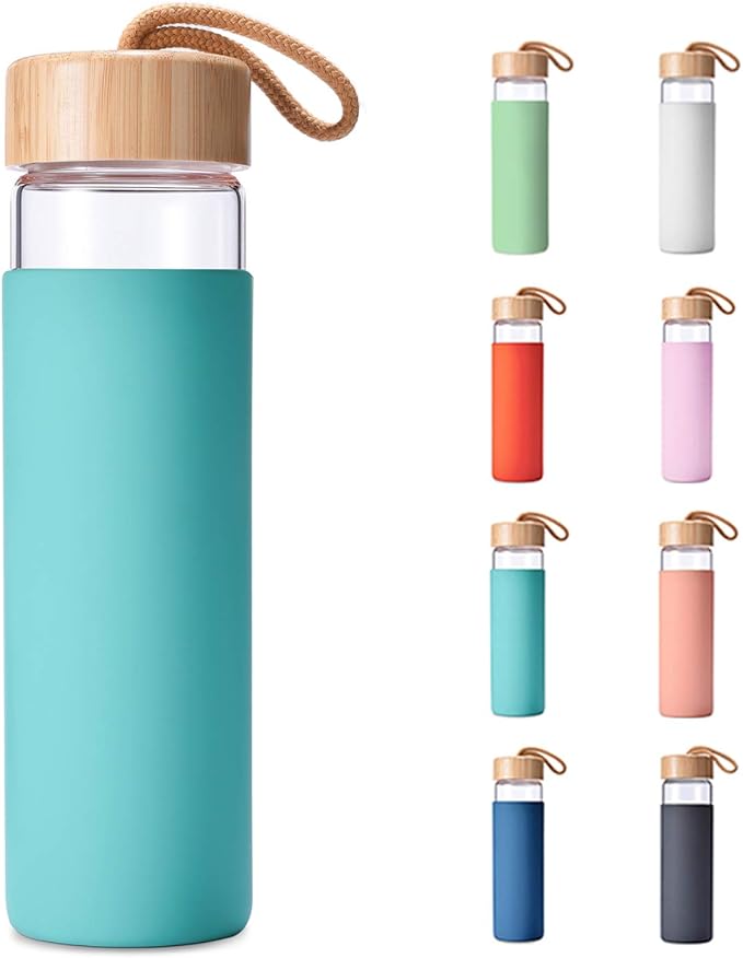 20 Oz Borosilicate Glass Water Bottles with Silicone Sleeve BPA Free, Dishwasher Safe - Reusable Clear Glass Drinking with Leak Proof Bamboo Lid | Perfect Gym Water Bottles for Men & Women