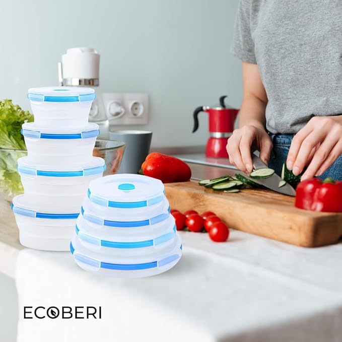 ECOBERI Collapsible Silicone Food Storage Containers, BPA Free, Microwave, Freezer and Dishwasher Safe, Lunch, Meal Prep, Travel, Space-Saving