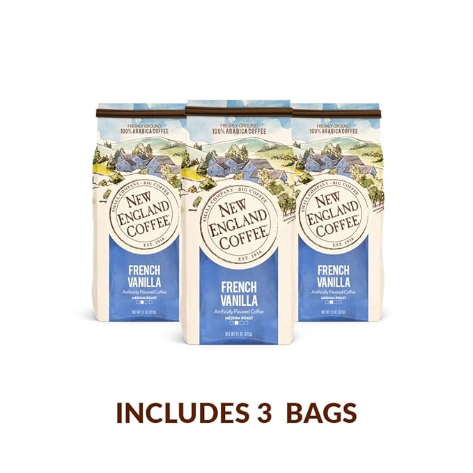 New England Coffee French Vanilla Medium Roast Ground Coffee, 11oz Bag (Pack of 3)