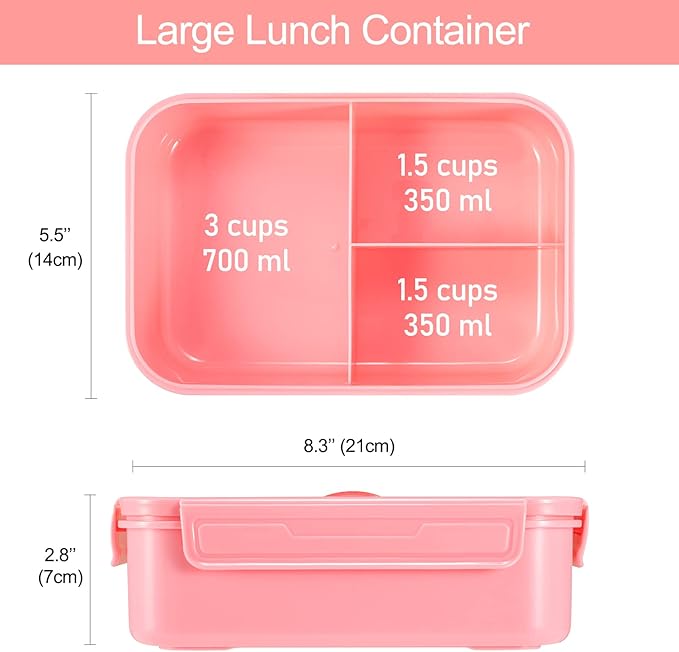Caperci Classic Bento Box Adult Lunch Box for Older Kids - Leakpoof 47 oz 3-Compartment Lunch Containers for Adults and Teens, Built-in Utensil Set, Ideal for On-the-Go Balanced Eating, Pink