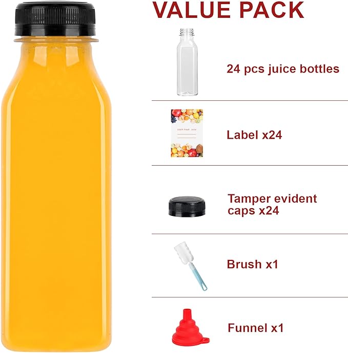 YULEER 24pcs 12oz Plastic Bottles with Caps, Take Out Bottles with Lids, Clear Juice Bulk Containers for Smoothie, Drinking, and Other Beverages