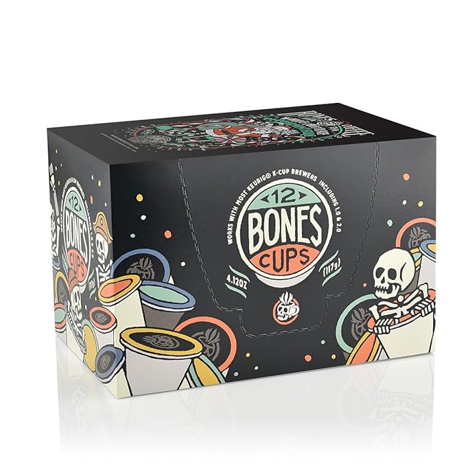 Bones Coffee Company White Chocolate Peppermint Bark Flavored Coffee Pods, Low Acid Medium Roast Single-Serve Bones Cups, Compatible with K-Cups Brewers Coffee Maker, 12 Count