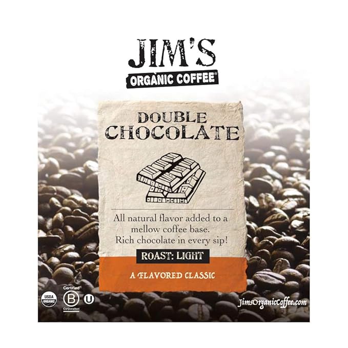 Jim’s Organic Coffee – Double Chocolate: Ground All Natural Flavored Light Roast (12oz) -100% Arabica Coffee Beans - USDA Certified Organic – Kosher – Regeneratively Grown - Ethically Sourced