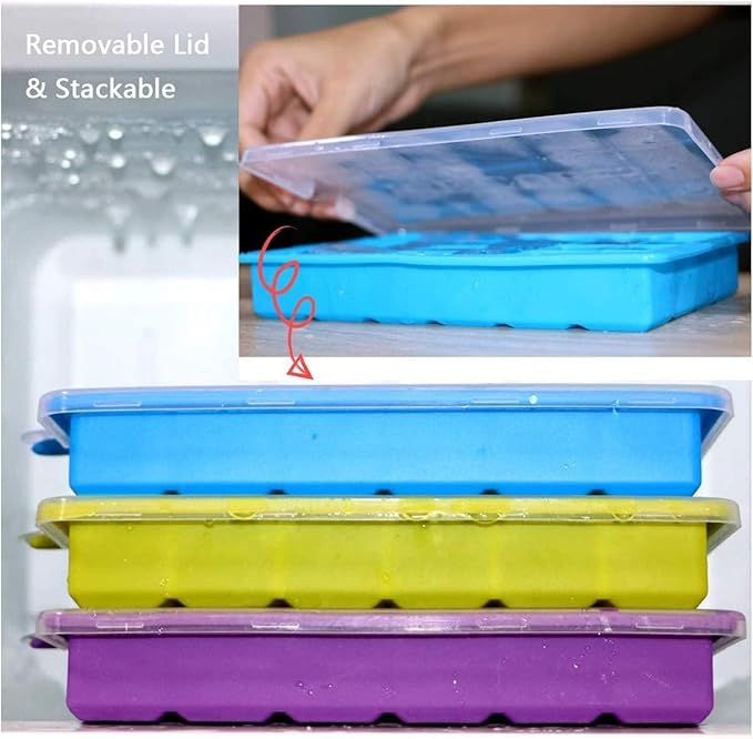 Ice Cube Tray 3 Pack, Silicone Ice Tray with Removable Lid, Easy Release Crushed Ice Trays for Freezer, Stackable 24-Cavity Flexible Ice Cube Molds for Cocktail Whiskey