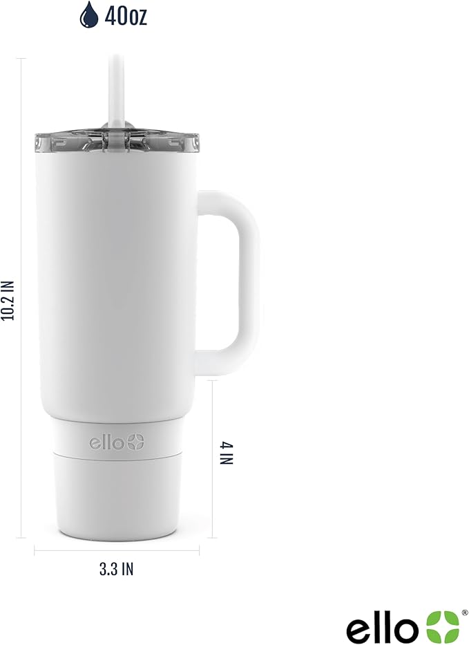 Ello Port 40oz Tumbler with Carry Loop & Integrated Handle, Vacuum Insulated Stainless Steel Reusable Water Bottle, Travel Mug with Leak Proof Lid & Straw, Perfect for Iced Coffee & Tea, White