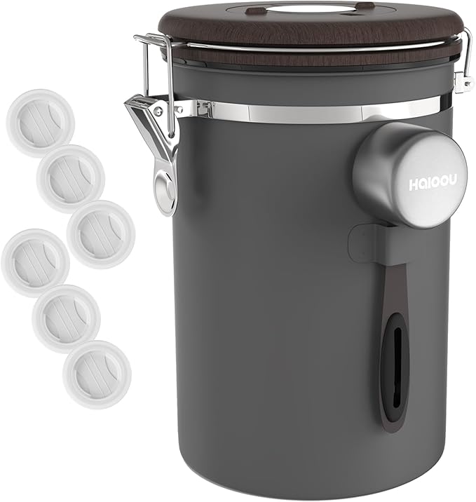 HAIOOU Airtight Coffee Canister Wood Grain [New Version], 22OZ Large Stainless Steel Coffee Bean Storage Container with Date Tracker, Measuring Scoop, CO2 Releasing Valves - Walnut and Gray