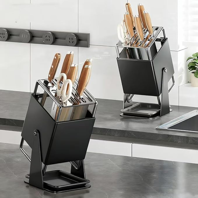Knife Block Stainless Steel, 30° Rotatable Knife Block 9-Slot Universal Knife Holder,Knives Holder for Kitchen Knives Countertop Storage (Gun Grey)