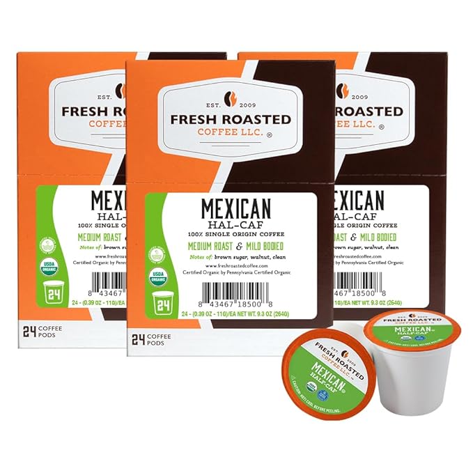 Fresh Roasted Coffee, Organic Mexican Water-Processed Half-Caf | USDA Organic, Kosher | Medium Roast 72 Pods for K Cup Brewers