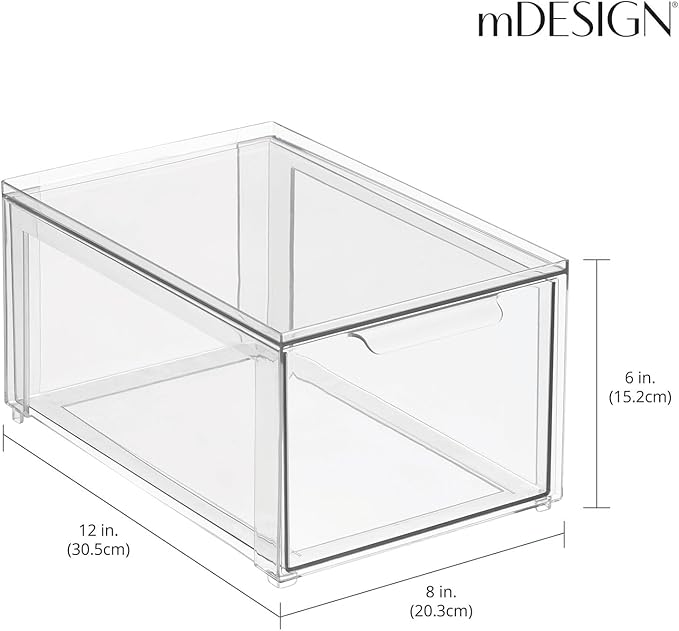 mDesign Plastic Pantry Organization and Storage Bin w/Pull Out Drawer - Stackable Kitchen Supplies Storage Container for Organizing Cabinet, Fridge, Freezer - Lumiere Collection - 4 Pack, Clear