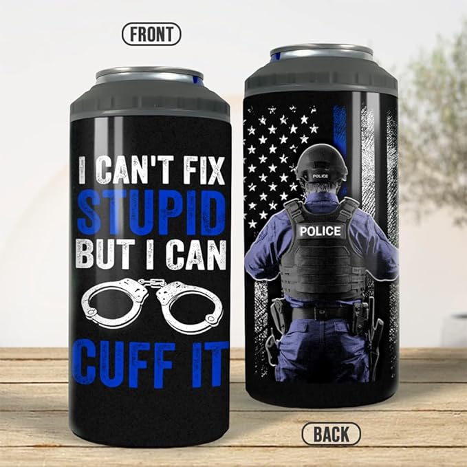 SANDJEST Police Tumbler American Policeman 4 in 1 12oz Tumbler Can Cooler Coozie Skinny Stainless Steel Tumbler Gift for Police Man Dad Father Boy Friends Retirement Birthday Party
