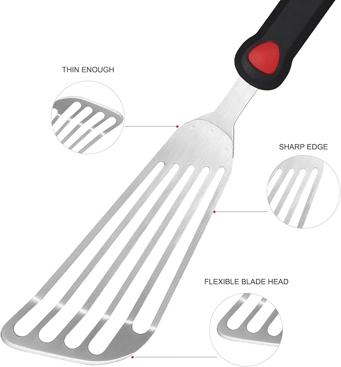 KSENDALO 13.15" Fish Spatula Stainless Steel with Silicone Handle, Flexible Slotted Egg Spatula with Thin Blade for Easier Cooking Flipping Frying Grilling Egg Fish Meat or more