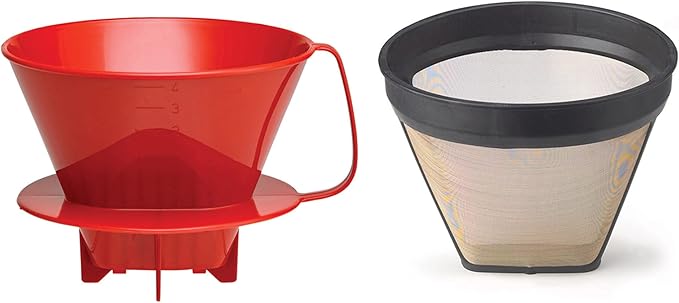 Fino Pour-Over Reusable Coffee Brewing Cone with Gold-Toned Mesh Permanent Coffee Filter, Number 4-Size, Red