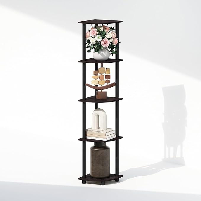 Furinno Turn-N-Tube Corner Shelf, 5-Tier Corner Display Rack, Shelving Unit, for Organization and Storage, Living Room, Home Office, Garage, Bedroom, Dark Walnut
