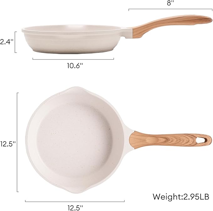 JEETEE 12.5 Inch Nonstick Frying Pan, Stone Coating Cookware, Nonstick Omelette Pan with Heat-Resistant Handle, Compatible with All Stoves (Beige)