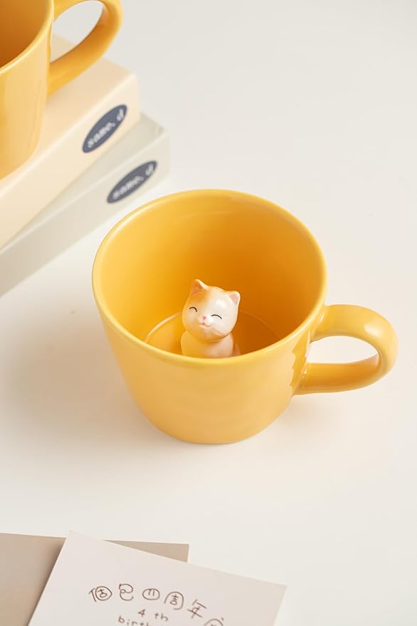 DIHOclub Cat Coffee Cup Hidden Ceramic Animal Inside Mug,Cute Cartoon Handmade Figurine Mugs,Holiday and Birthday Gift for Coffee Milk Tea Lovers,12 Oz(yellow)