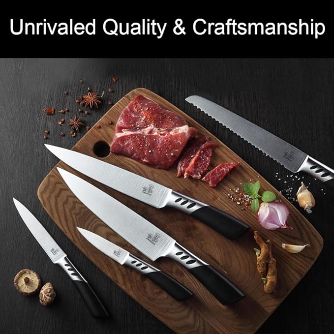 Knife Block Set, 7 Piece Cooking Knife Set, Premium Kitchen Knife Set with Knife Block and Sharpener, Hardwood Brown Knife Set，New Apartment Gift