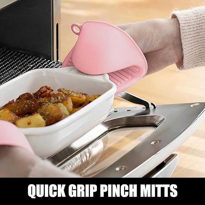Rorecay 6pcs Oven Mitts and Pot Holders Sets for Kitchen, Extra Long Non-Slip Silicone Oven Gloves Heat Resistant 500 Degrees Potholders Hot Pads for Baking Cooking, Quilted Liner, Pink